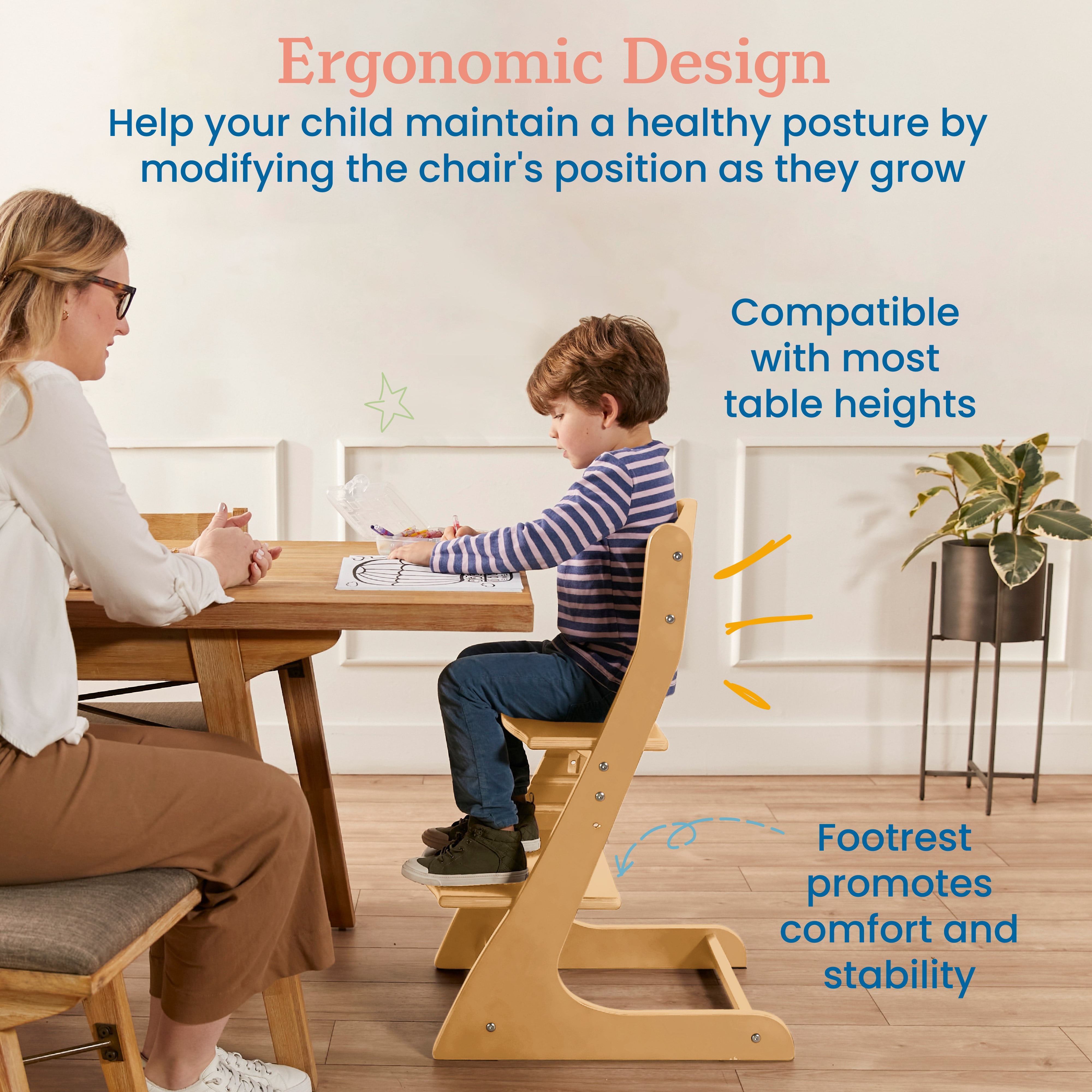 ECR4Kids Wooden Adjustable Grows with Me Transitional Chair, Montessori Furniture, Natural
