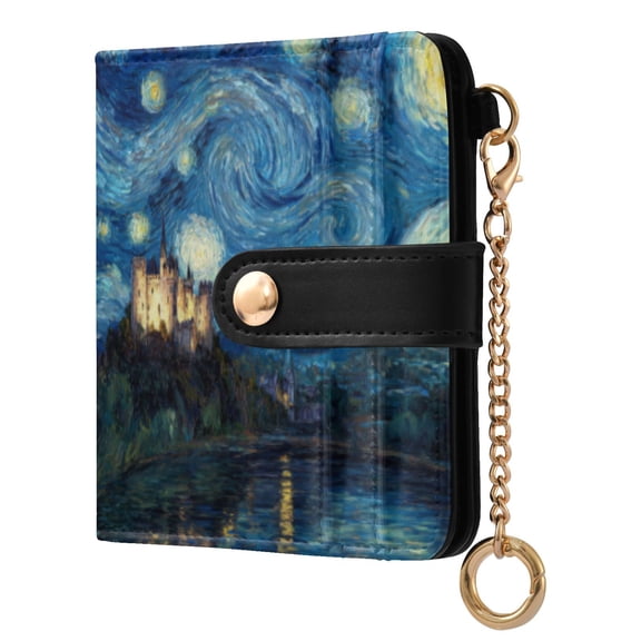 Qxltty Starry Night Style Castle Ladies Wallet Rfid Slim Thin Compact Credit Card Women Wallet Zipper Coin Pocket and ID Window for Female Gifts