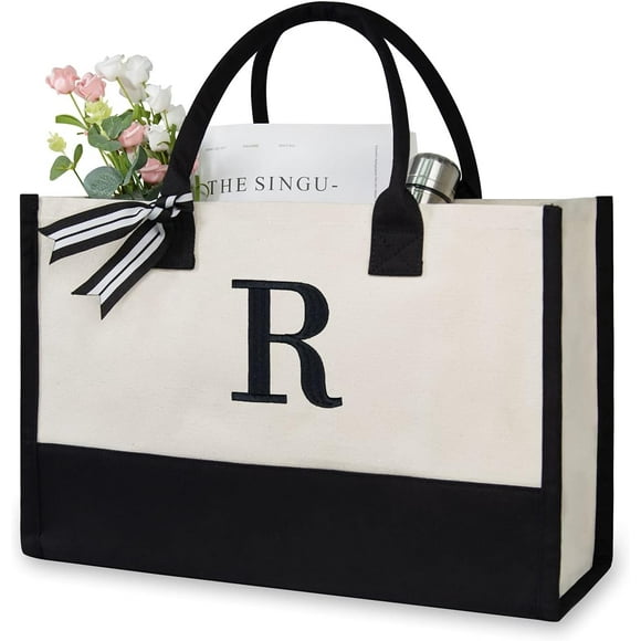 Hongkaii Embroidery Initial Canvas Tote Bag, Personalized Present Bag, Suitable for Wedding, Birthday, Beach, Holiday, is a Great Gift for Women, Mom, Teachers, Friends, Bridesmaids (Letter R)