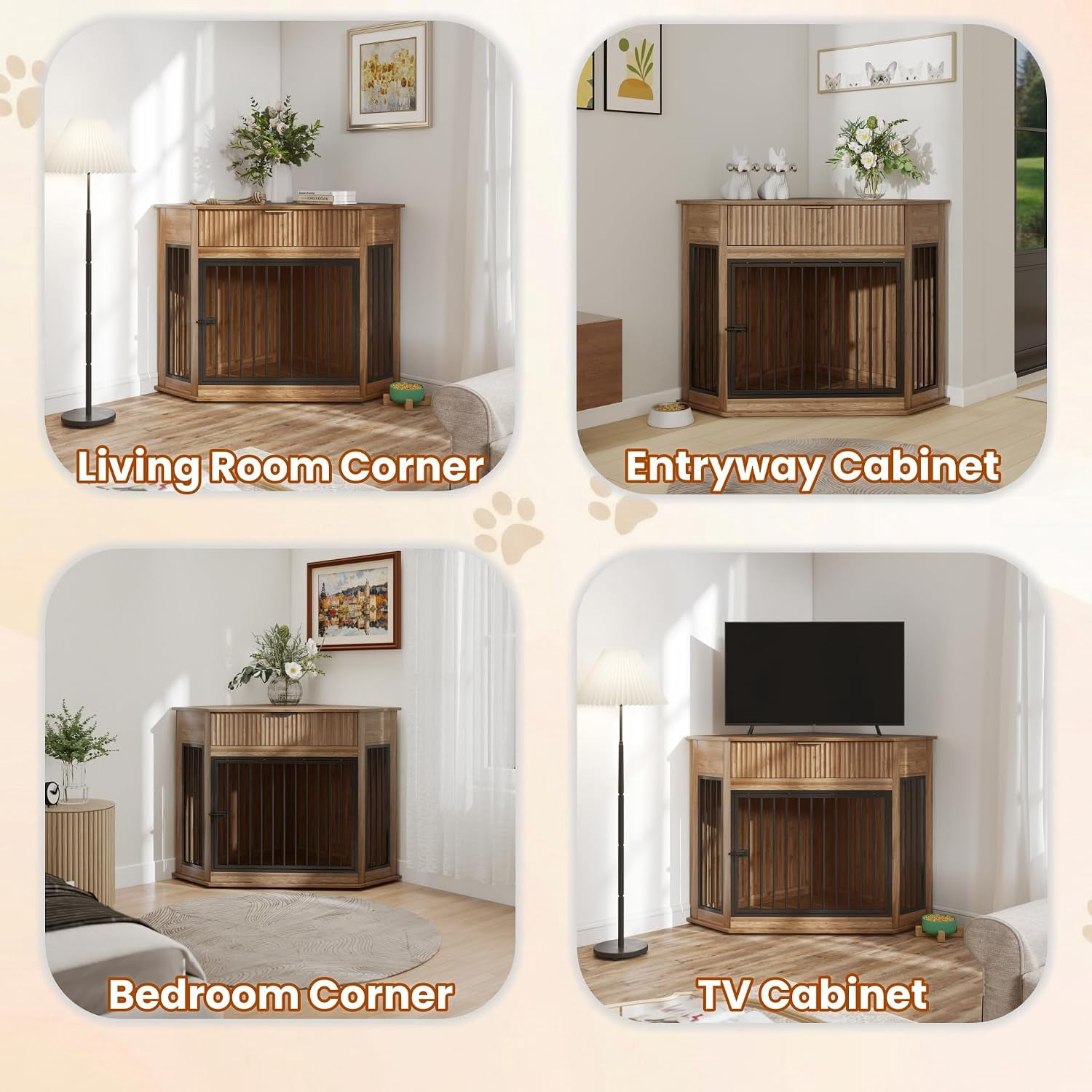 44.6" Corner MDF Dog Crate Furniture, Dog Kennel End Table with Fluted Drawer Storage, Walnut for Small/Medium Dogs Indoor