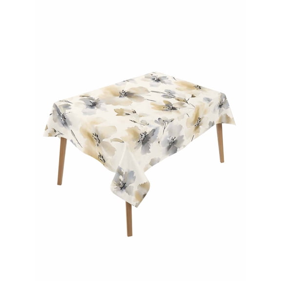 Beige Grey Spring Floral Table Cloth, Watercolor Summer Botanical Waterproof Tablecloth for Rectangle Tables, Reusable Washable Fabric Table Cover for Restaurant Kitchen Dining Tables 60"x102"