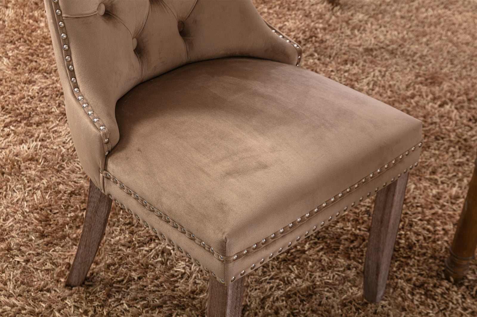 Gewnee 2 Piece Sets Modern High-end Tufted Solid Wood Khaki Velvet Upholstered Dining Chair with Wood Legs Nailhead Trim