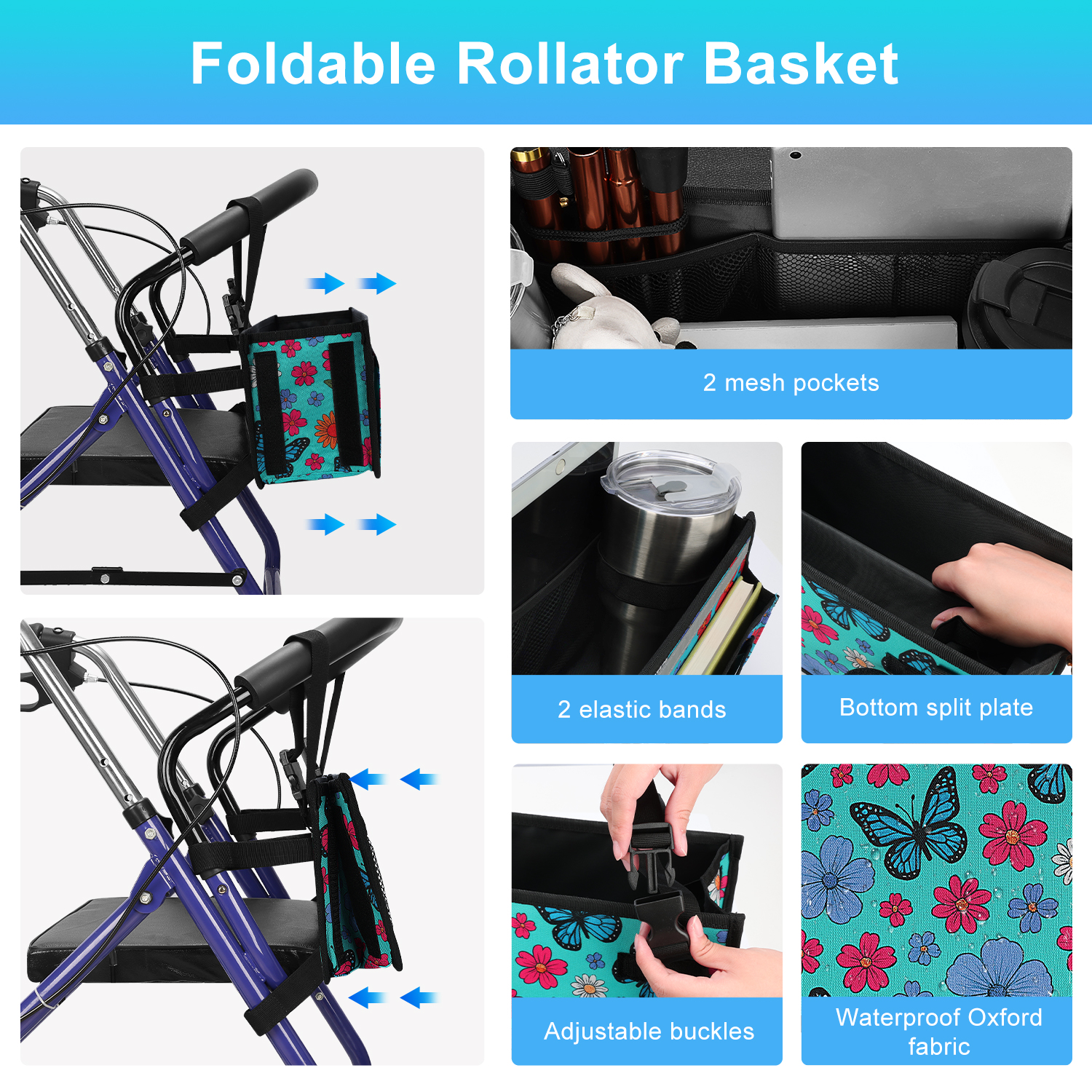 SupreGear Foldable Waterproof Walker Bag with Cup Holder, Cyan Butterfly Rollator Storage Pouch