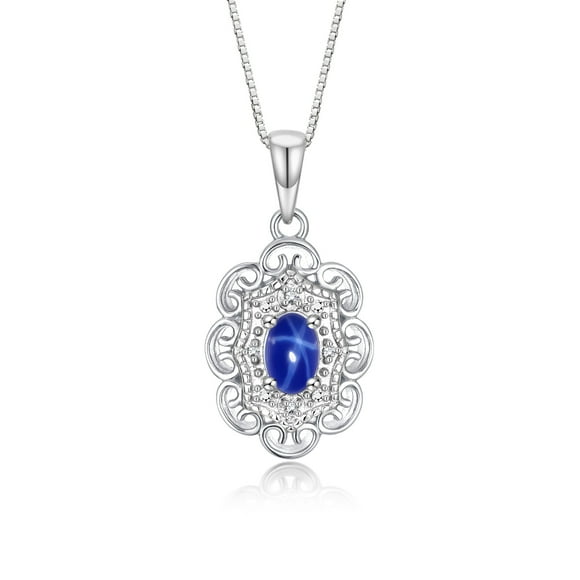 RYLOS Necklace White Gold 14K Flower Necklace Gemstone & Diamonds Pendant 18" Chain 6X4MM Blue Star Sapphire September Birthstone Womens Jewelry Gold Necklace