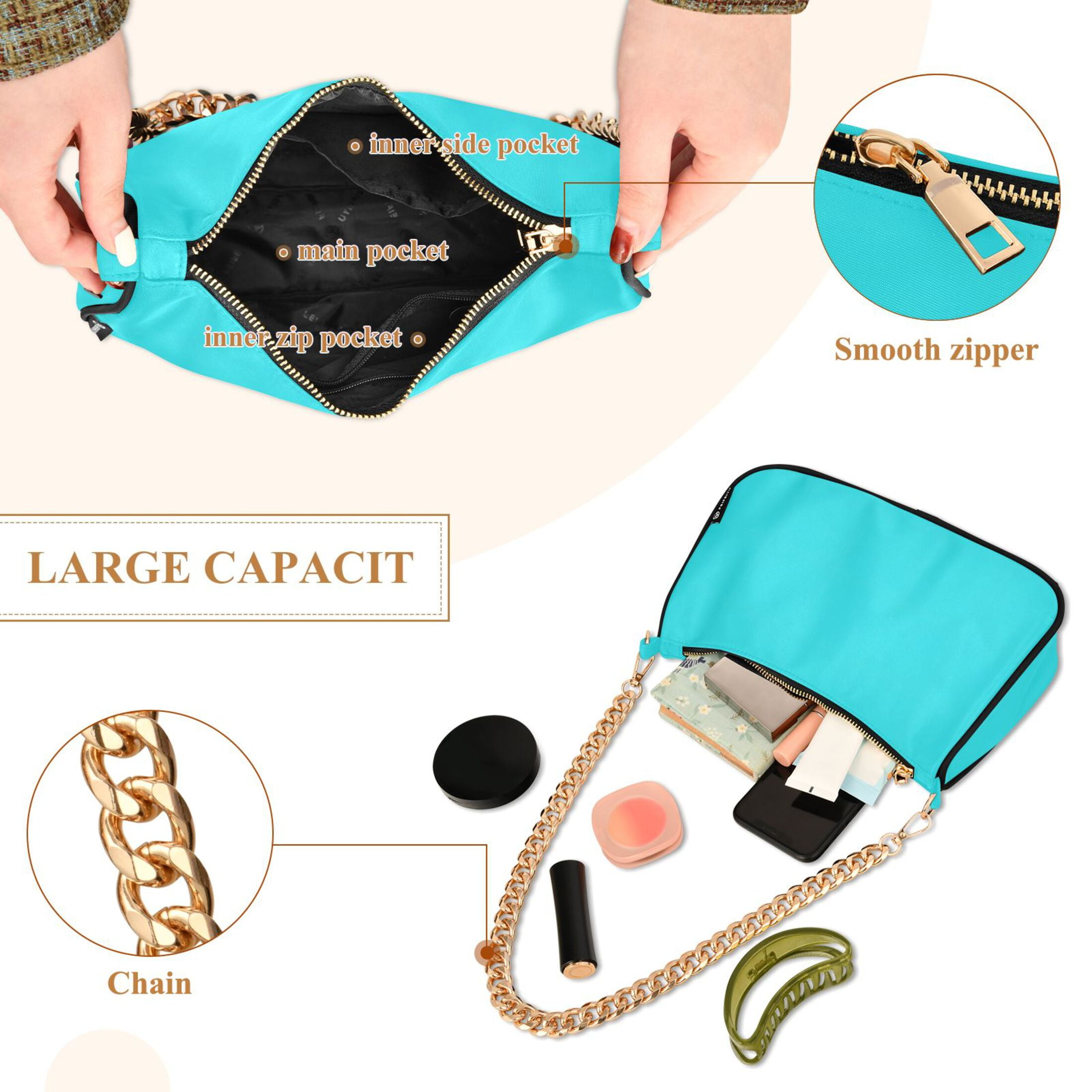 Ryvnso Turquoise Womens Chain Shoulder Bag Tote Handbags Clutch Hobo Purse with Zipper for Travel
