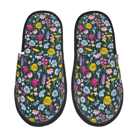 Balery Watercolor Meadow Flowers Slient Indoor Furry Fleece Comfort House Shoes Soft Non-Slip Home Shoes Cotton slippers House Slippers-- Medium