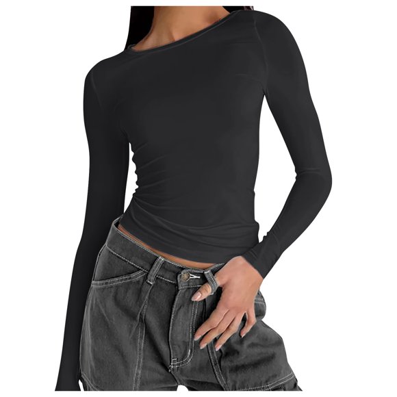 2025 Women's T-Shirts, T-Shirts Women, Women's Solid Color Rround Layering Long Sleeve Shirts for Women Neck T Shirt Hot Womens Shirts Long Sleeve Slim Long Sleeve Plus Size Tops