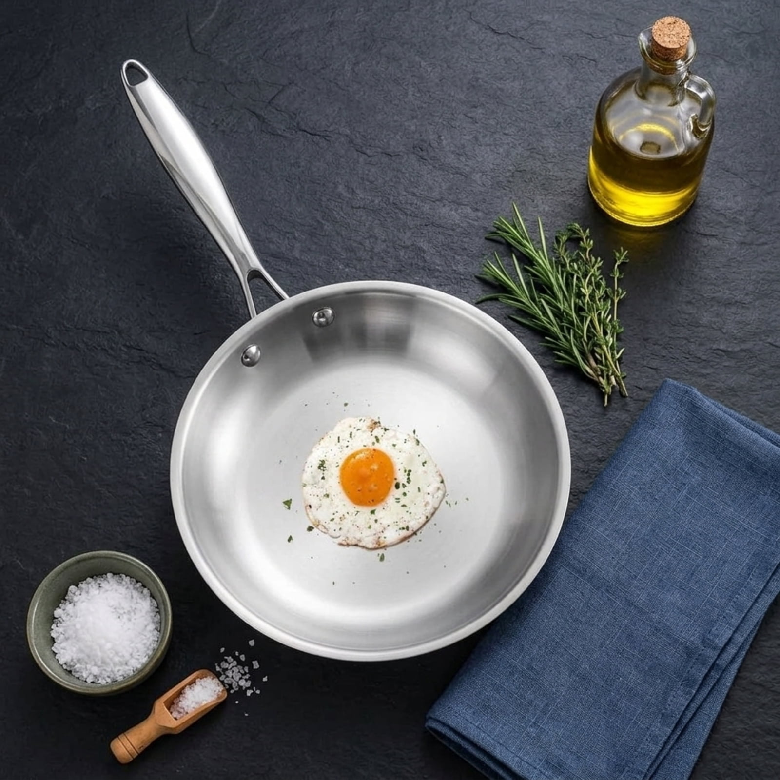Fenbeli 2-Piece Stainless Steel Fry Pan Set with 9.5 and 11 Inch Skillets, Tri-Ply Base, Cool-Touch Handles, Silver