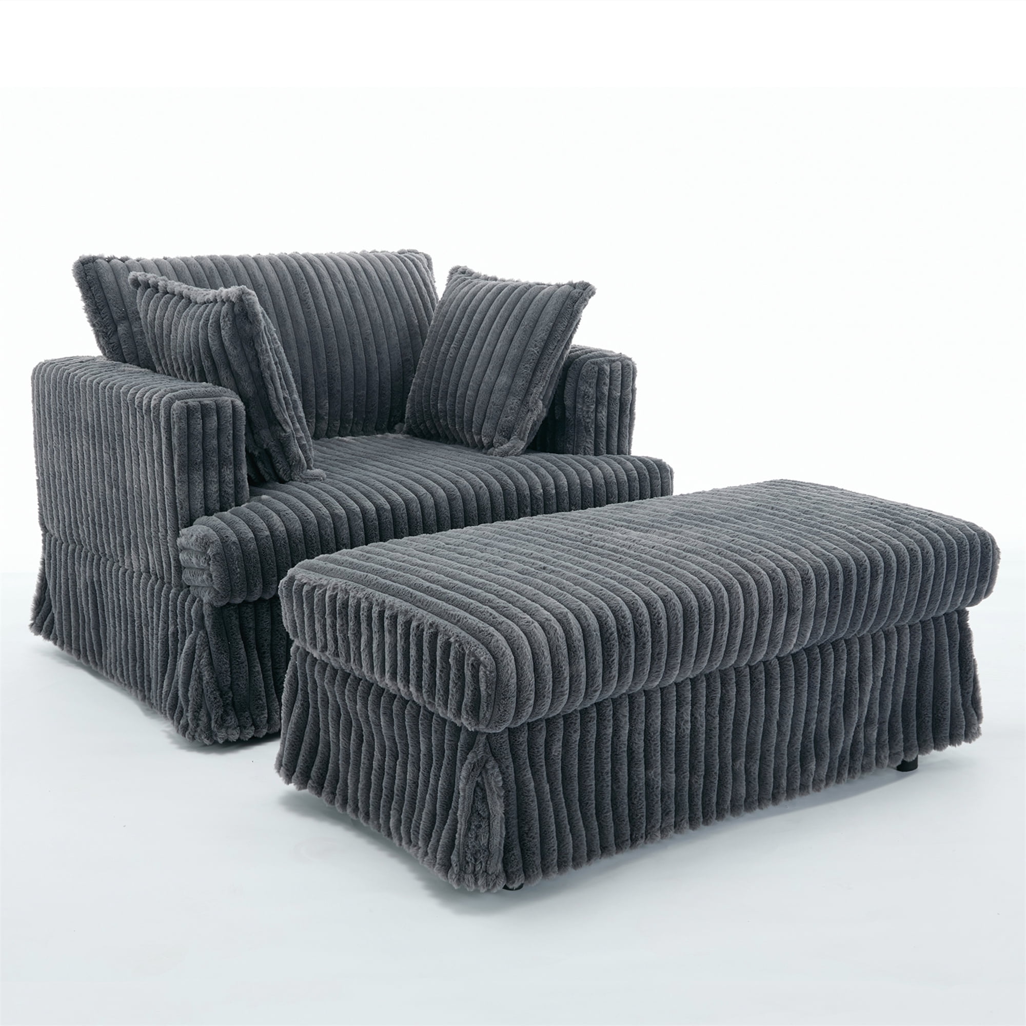 Aukfa 48" inch Chaise Lounge, Oversized Sofa Chair with Ottoman, 3 Pillows, Corduroy, Dark Gray