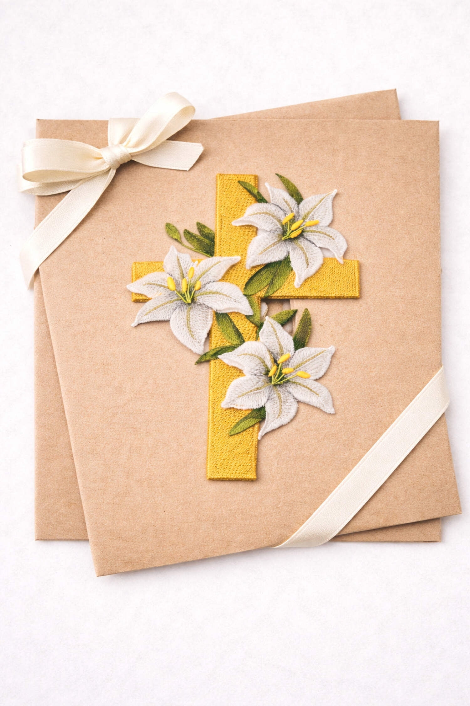 Beyond Vision Custom Elegant Lilies and Cross Embroidered Iron on/Sew Patch [ 5 "(w) x 7.79"(h) ]