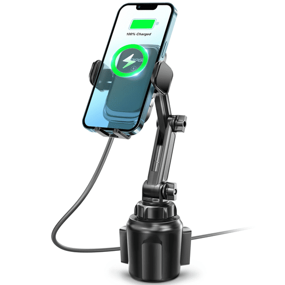 FU1999 [Upgraded Cup Phone Mount Wireless Charger, Universal Cell Phone Holder Car Charger Wireless Charger Cup Phone Holder Fast Charging for iPhone16 Pro Max, Samsung Galaxy - Black