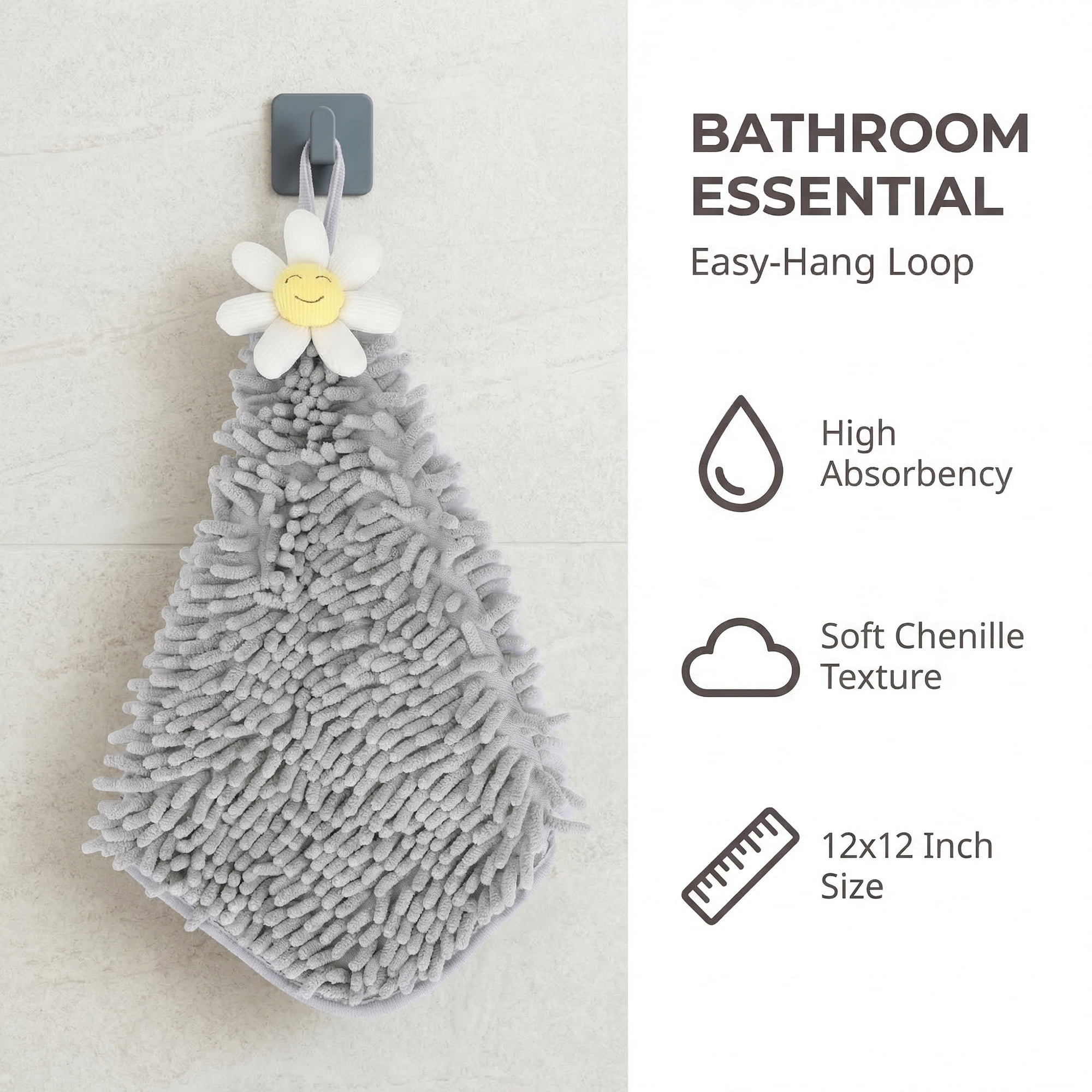 Unique Bargains Soft Absorbent Quick Dry Cute Flower Chenille Hand Towels Grey 12" x 12"