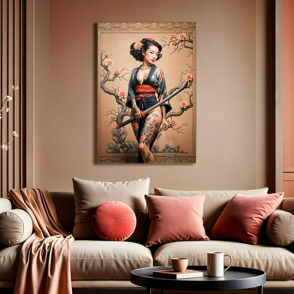 Tattooed Sakura Warrior Geisha with Katana Canvas Print - Elegant Wall Art for Home Decor