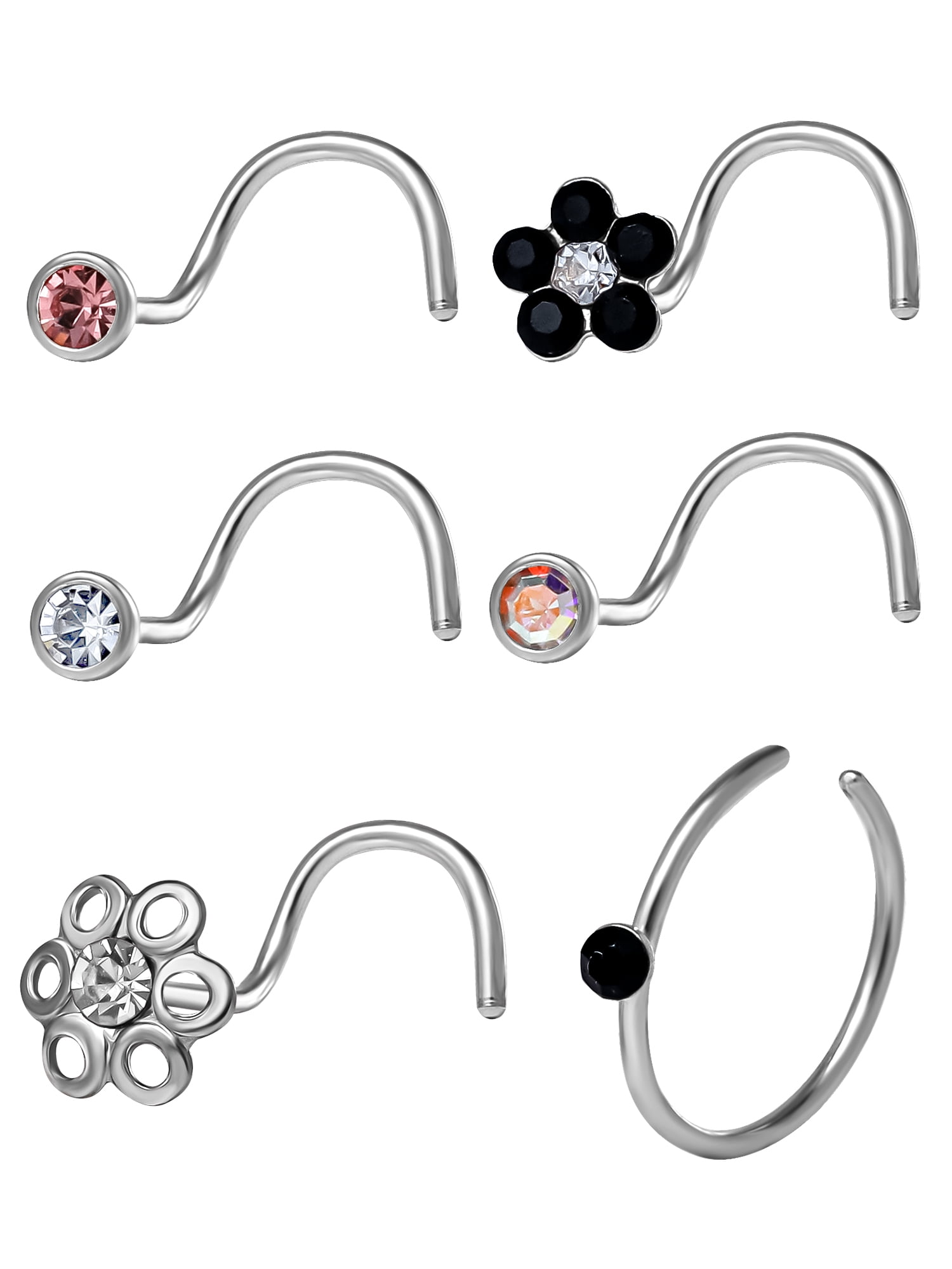 Adult Women's Stainless Steel 22G Multi Shape Crystal Stud Nose Rings, 6 Pack