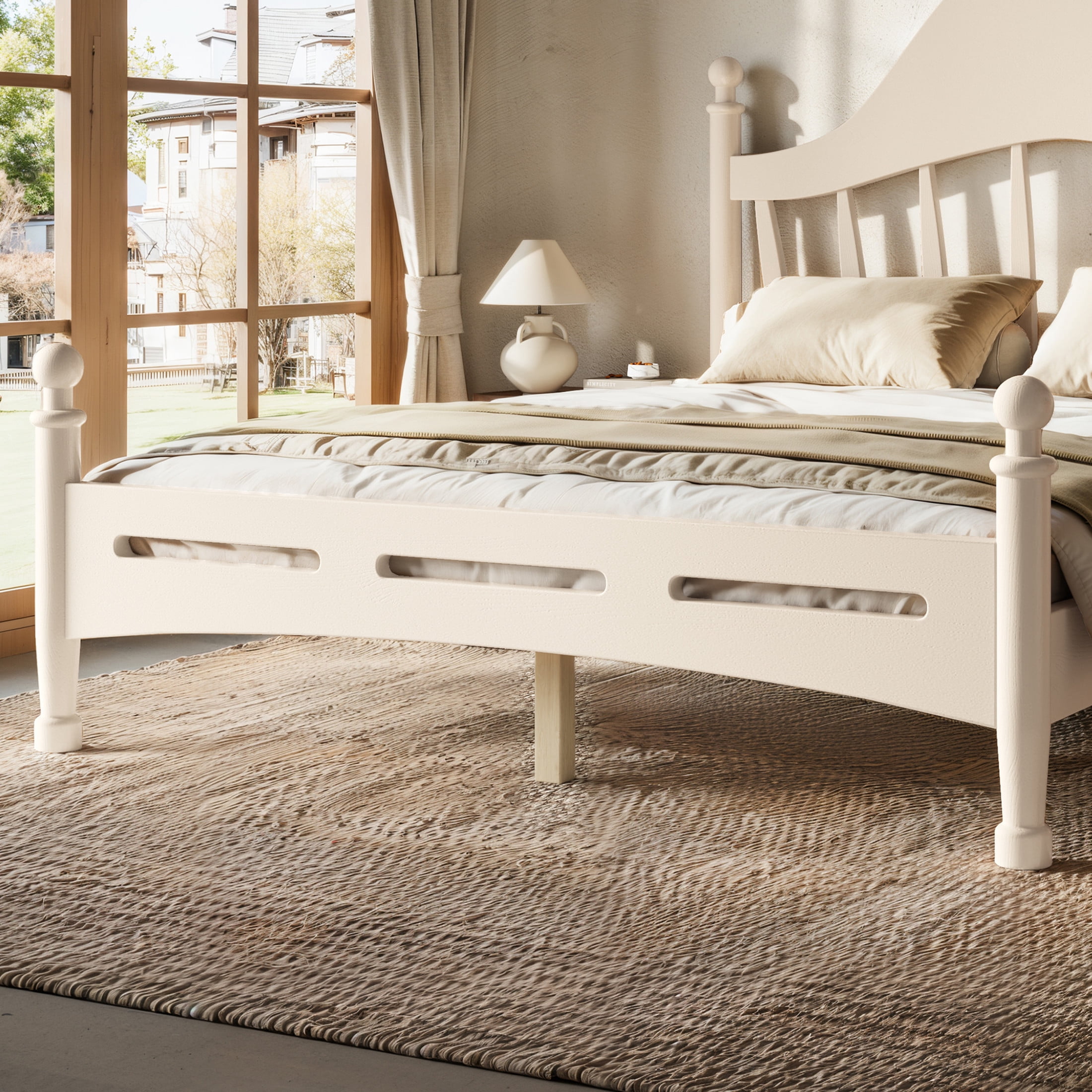 GDF Studio Full Size Platform Bed with Curved Headboard, Solid Pine Frame, Slatted Support, Beige