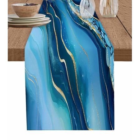 Ldtrchee Navy Blue Marble Table Runner 36 Inches Abstract Ink Painting Modern Yellow Bed Runner Dresser Scarves Tabletop for Indoor Outdoor Parties/Ceremony/Banquet 13 x 36