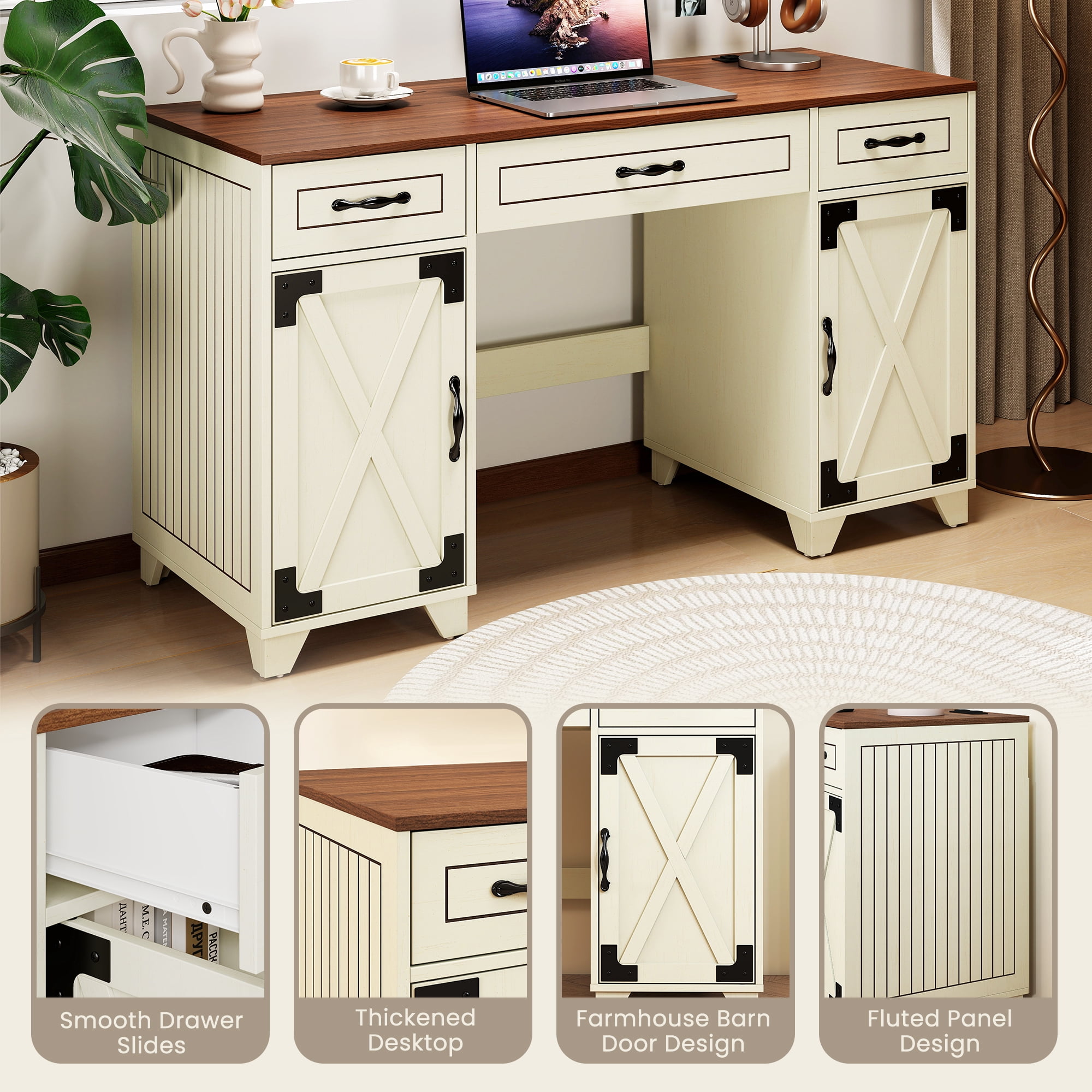 Manora Executive Desk with File Drawers and Cabinets Storage, 53'' Farmhouse Desk Modern for Adult Home Office, Rustic White&Brown Finish