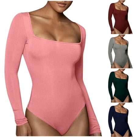 Elainilye Fashion Womens Bodysuit Long Sleeve Solid Color Square Neck Tight Fitting Cutout Jumpsuit Thong Shapewear Green