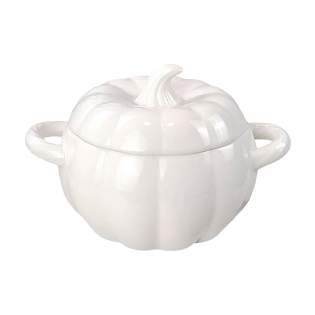 Soup Bowl With Lid 1800 mL Ceramic Pumpkin Shape Large Double Ear Noodle Bowl For Home Use