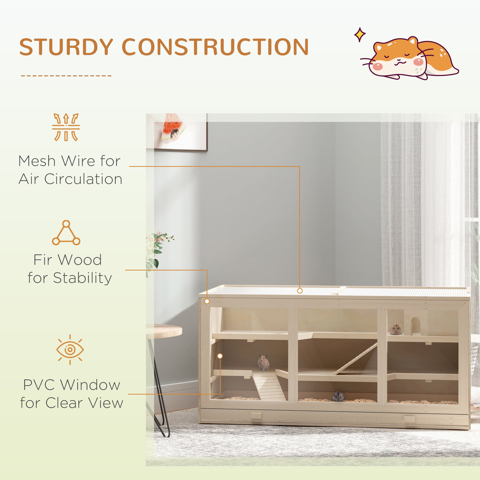 Extra Large Wooden Hamster Cage, Gerbil Cage, and Other Small Animal Habitat, Hamster Habitat with Opening Roof, Hut, Ramps, Natural