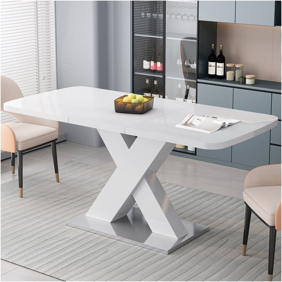 JERFIT Expandable White Modern Dining Table with X-Base for Kitchen, Space Saving Design, MDF Top and Steel Frame