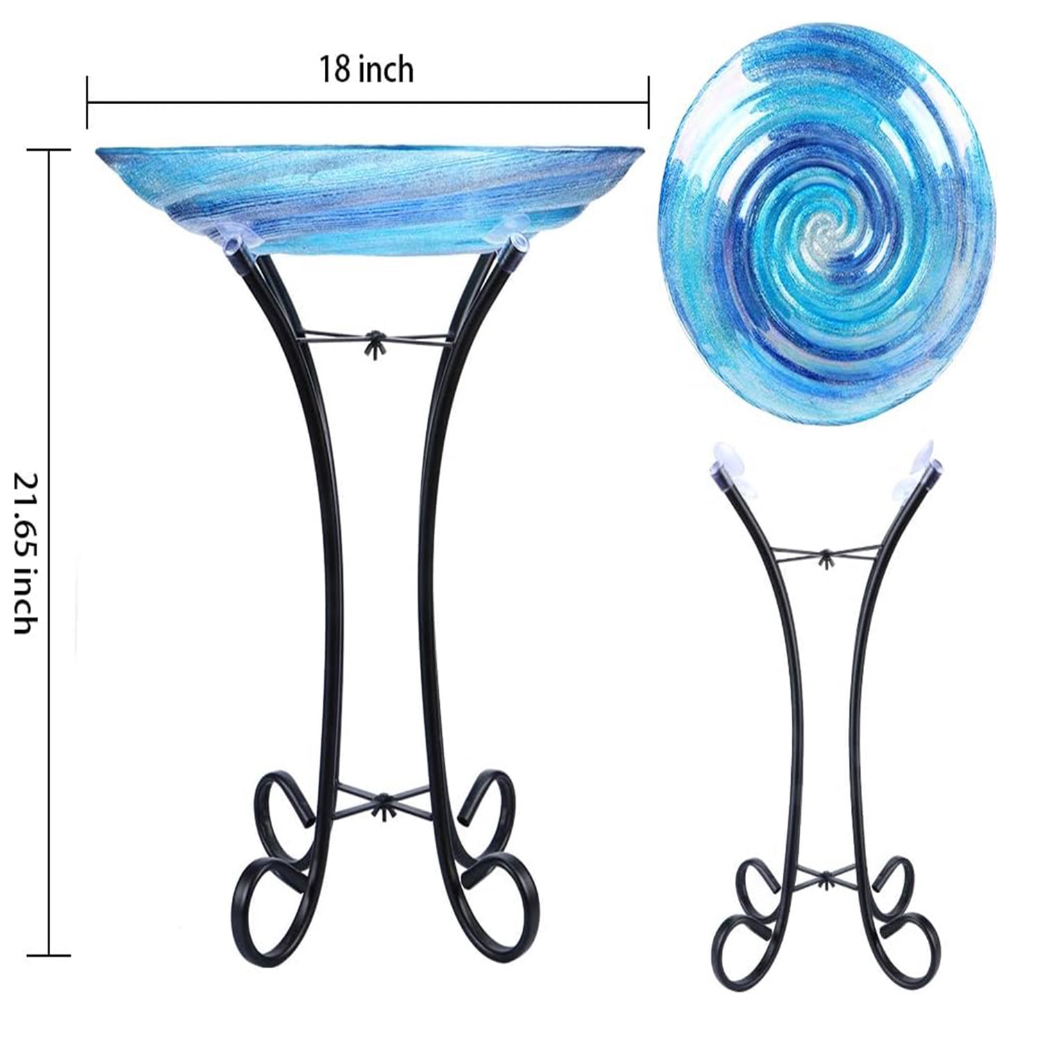 Outdoor Glass Birdbath with Metal Stand for Lawn Yard Garden Decor,18” Dia/21.65 Height