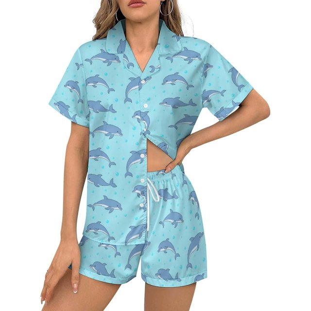 SKQIT Ensembles de Pyjama à Manches Courtes pour Femmes, 2 Pcs en Satin Doux Imprimé Mignon Chemise Boutonnée et Shorts