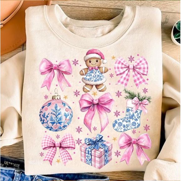 Coquette Chinoiserie Christmas Sweater, Blue Toile Floral Pastel Preppy Grandmillennial Holiday Sweatshirt