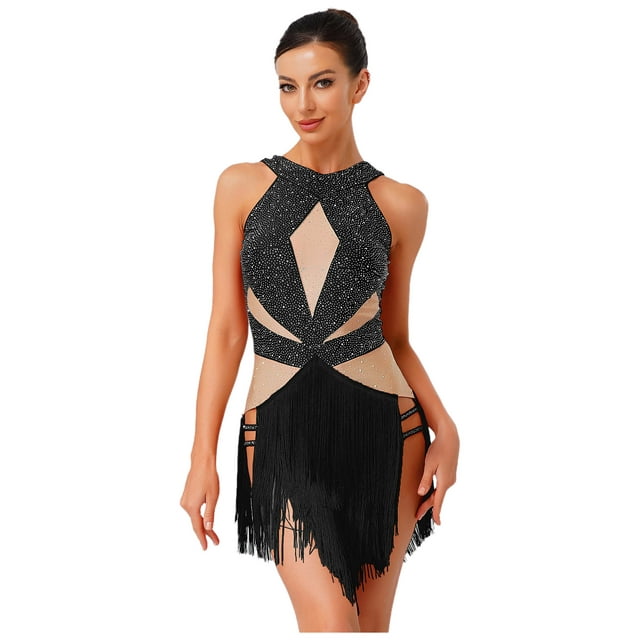 TTAO Justaucorps de Danse Jazz Latin Brillant à Franges pour Femmes Rumba Samba Salsa Robe de Danse de Salon Noire P