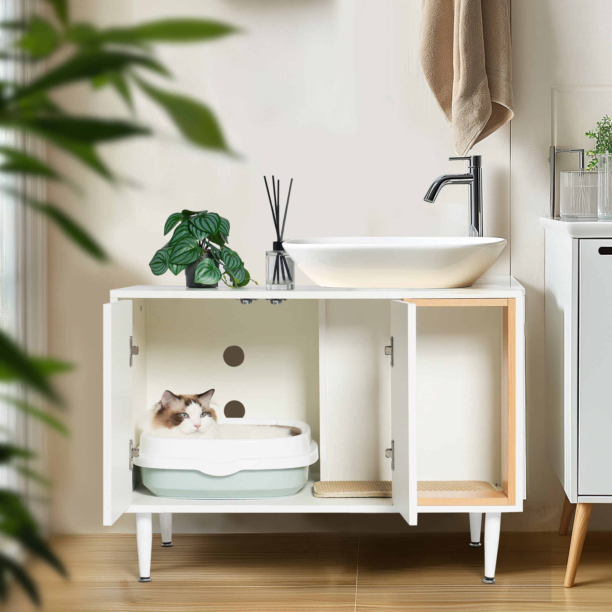Kadyn 32" Wooden Cat Litter Box Enclosure Furniture with Divider, Large Hidden Litter Box for Bathroom Sink Cabinet, Cat House Washroom, White