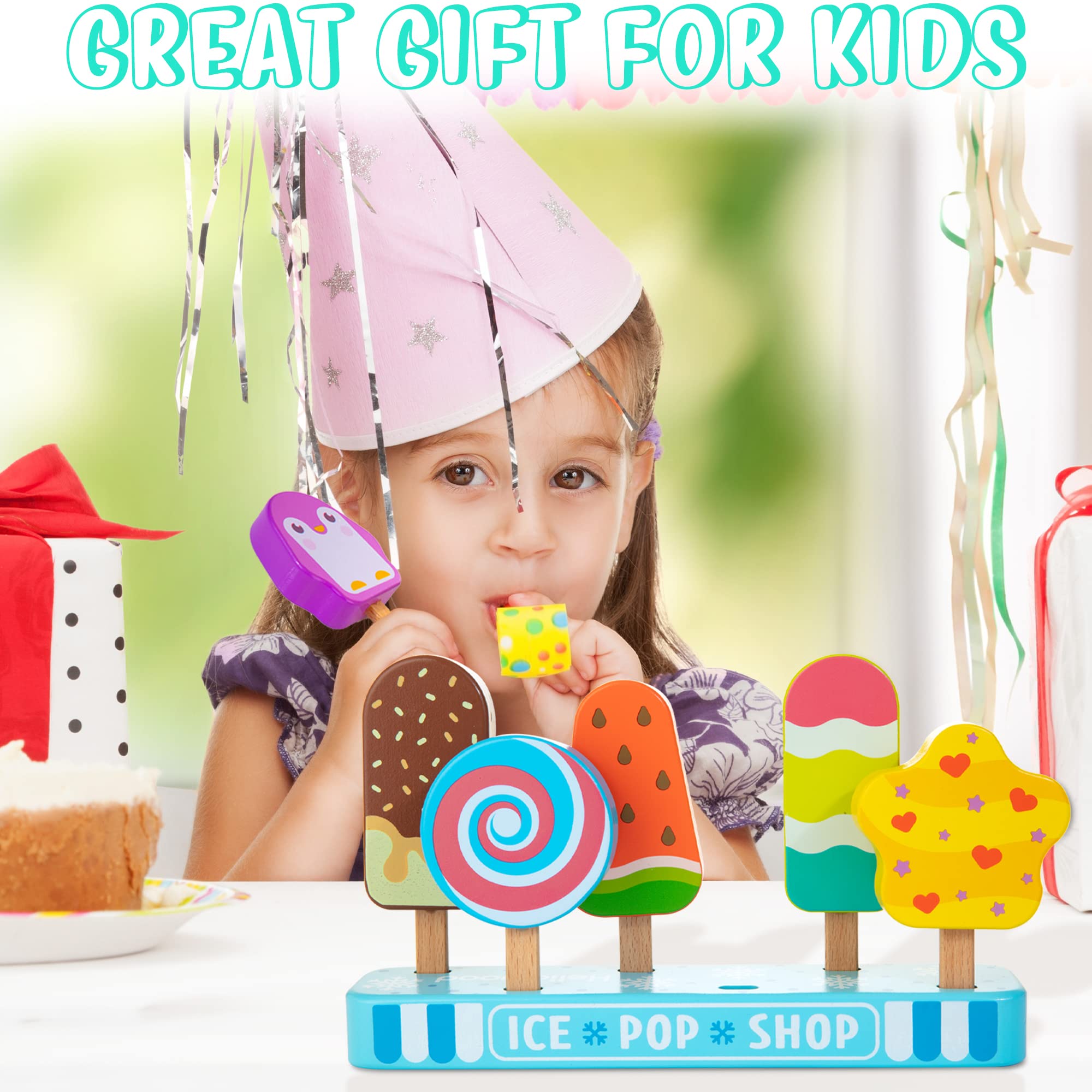 Kids Wooden Ice Pop Shop Pretend Play Set Toy for Kids, 7 Pieces Realistic Ice Lolly Play Food