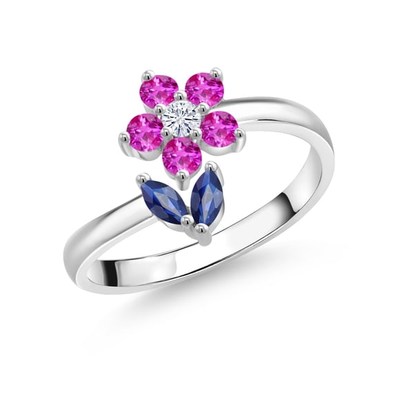 Gem Stone King 925 Sterling Silver Blue Sapphire Pink Sapphire and White Moissanite Flower Open Ring for Women (0.51 Cttw, Gemstone September Birthstone, Size 9)