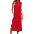 thumbnail image 3 of Womens Summer Dresses Solid Color Round Neck Sleeveless Maxi Dress with Pockets and Side Slits Fashion Outfit XL, 3 of 7