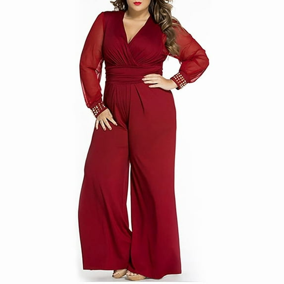 IROINNID Long Sleeve V-Neck Jumpsuit For Women Full-Length Wide Leg Jumpsuits Pant Romper Mesh Blouse Loose Jumpsuit
