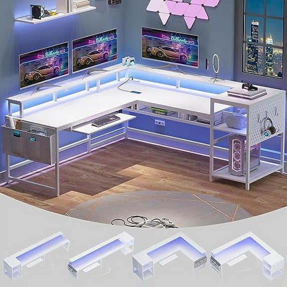 SEDETA L.Shaped.Gaming Desk, Reversible.Home Office.Desk or Corner Desk,.Gaming Desk.with.Power.Outlets.&.LED.Strip, Monitor.Shelf,.Keyboard.Tray, Pegboard and.Storage.Shelves, Whi