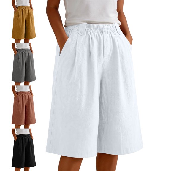 MLCDZ Women Loose Fit Knee Length Bermuda Shorts with Multiple Pockets Casual Wide Leg Loose Elastic Waist Workout Short Pants