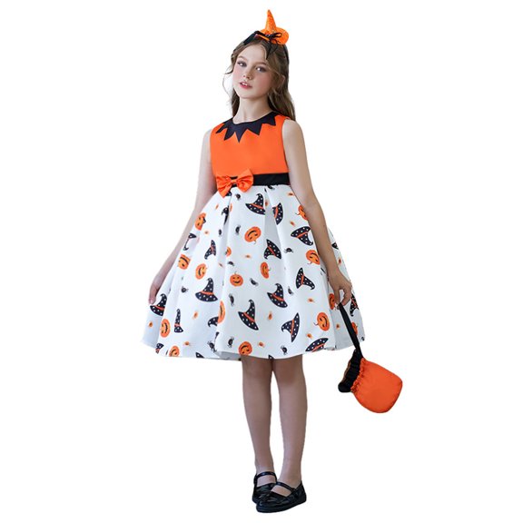 LIIPEE Girls Dresses Halloween Cartoon Pumpkin Graphic Printed Sleeveless Round Neck Bowknot Ball Gown Princess Sundress Toddler Handsome Casual Daily Party Photoshoot Dress,Orange,2-3 Years