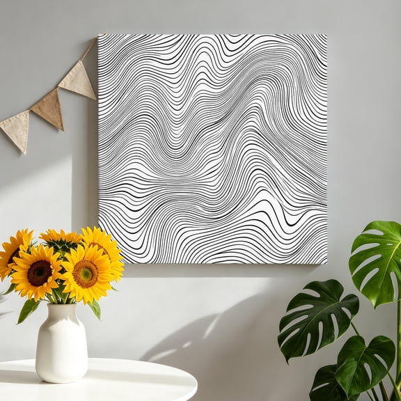 Messy Lines Canvas Wall Art for Living Room, Abstract Geometric Black White Ocean Waves Poster Print Painting for Bedroom Office Home Decoration Wall Pictures Prepare To Hang 8"x8"