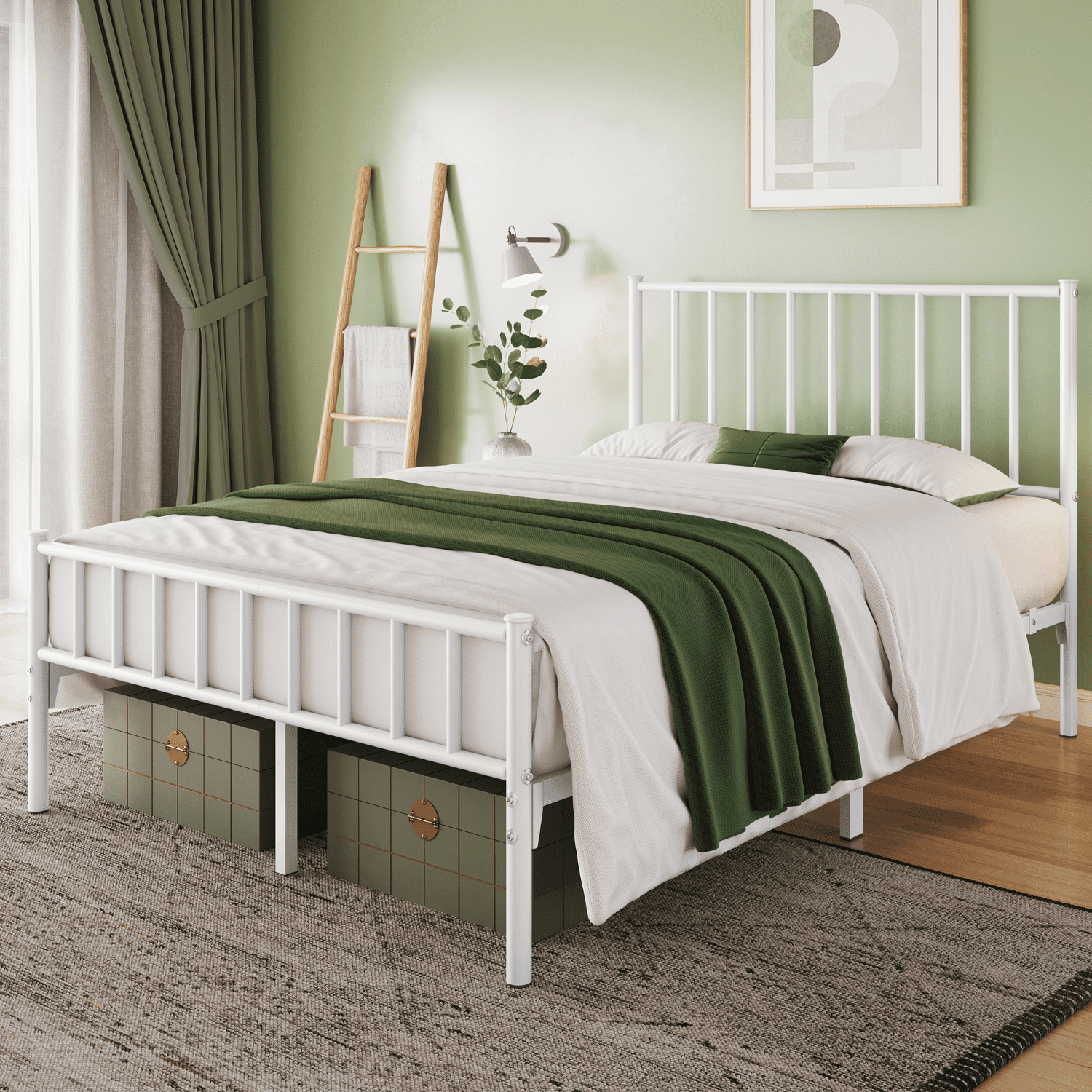 Renwick Full Size Metal Platform Bed with Headboard, White