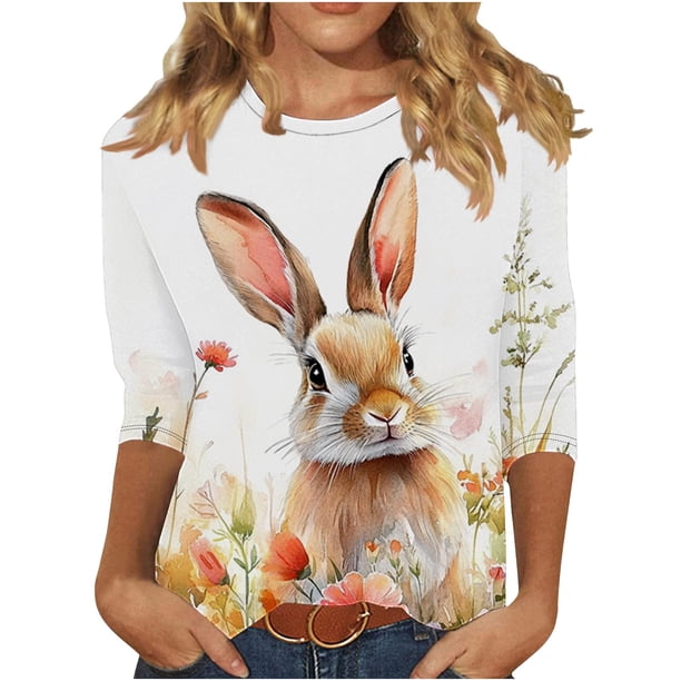 3/4 Manga Casual Tops para las Mujeres Cuello Tripulación Pascua Impresión Suéter Camiseta Mujer 3/4 Manga Tops