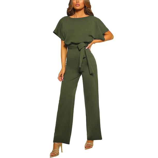 Summer Short Sleeves Jumpsuit Pure Color Round Collar High Waisted Wide Leg Jumpsuit with Belt for Women LC64520 Green XXXL Walmart