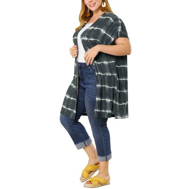 Women's Plus Size Cardigan Open Front Tye dye Stripe Kimono Cardigans Gray 3X