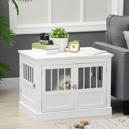 PawHut Dog Crate End Table with Triple Doors, Wooden Dog Crate Furniture Indoor Use, Puppy Crate with and Steel Tubes, for Small Dogs, White
