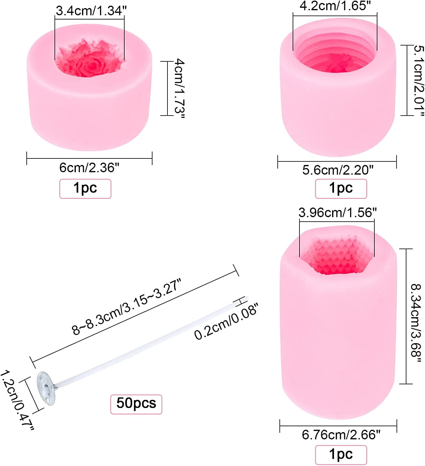 3 Pack 3D Bee Honeycomb Silicone Candle Molds with 50pcs Candle Wicks and Metal Holder for Homemade Beeswax Candle Making Supplies Soaps Lotion Bars Fondant Cake Decorating Clay Hot Pink