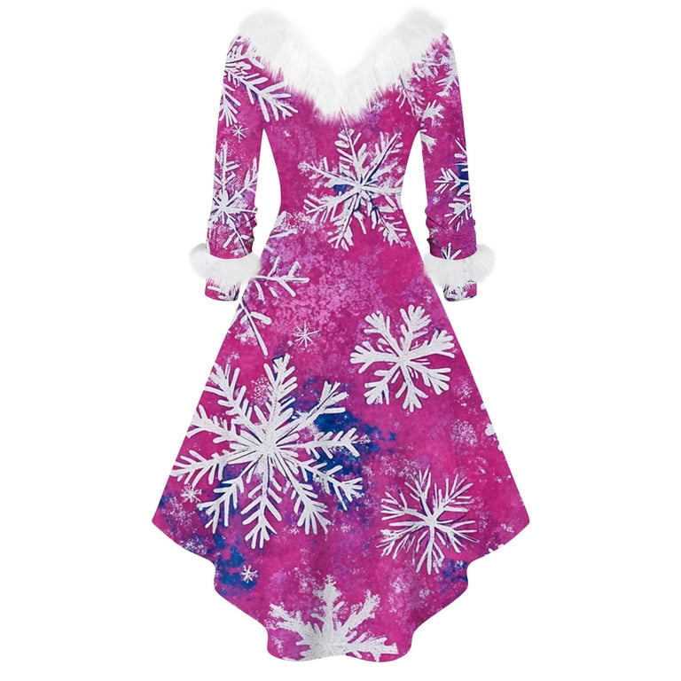 Christmas Dresses for Women Women's Fashion V-neck Casual Slim Christmas Printed Party Long Sleeve Dresses with Fur Collar for Christmas Party,Hot Pink,5XL