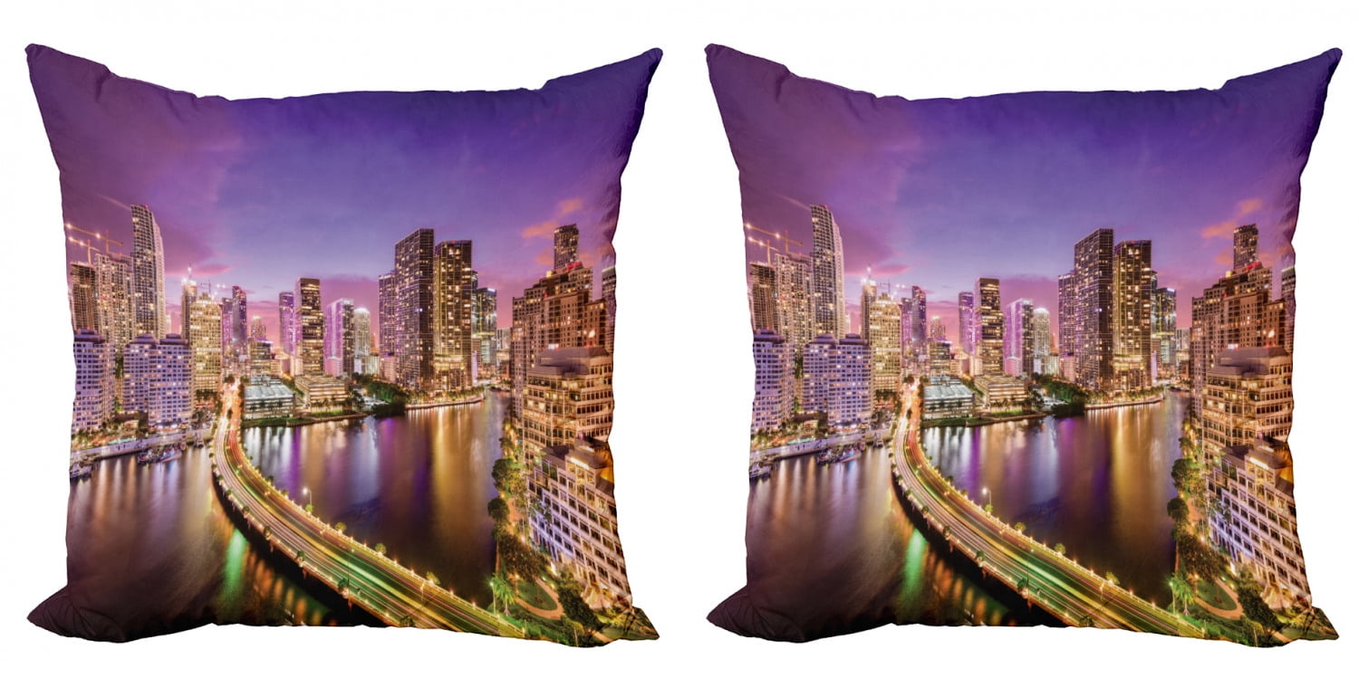 City Throw Pillow Cushion Cover Pack Of 2 Real Life Image Of Miami Florida At Night Downtown Tourism Spots Discovering The World Zippered Double Side Digital Print 4 Sizes Multicolor By Ambesonne