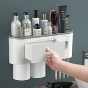 JUNLIN Toothbrush Holder for Bathroom, Toothpaste Holder and Dispenser,Wall Mounted Toothbrush Cup Holder with Brush Sink, Cup, Cosmetic Drawer and Storage Tray White