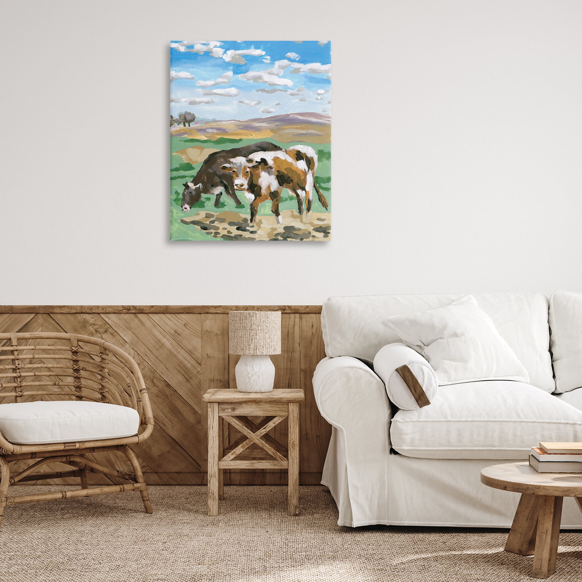 Stupell Industries Grazing Cattle Landscape Animals Painting Wrapped Canvas Art Print Wall Art, 30 x 40
