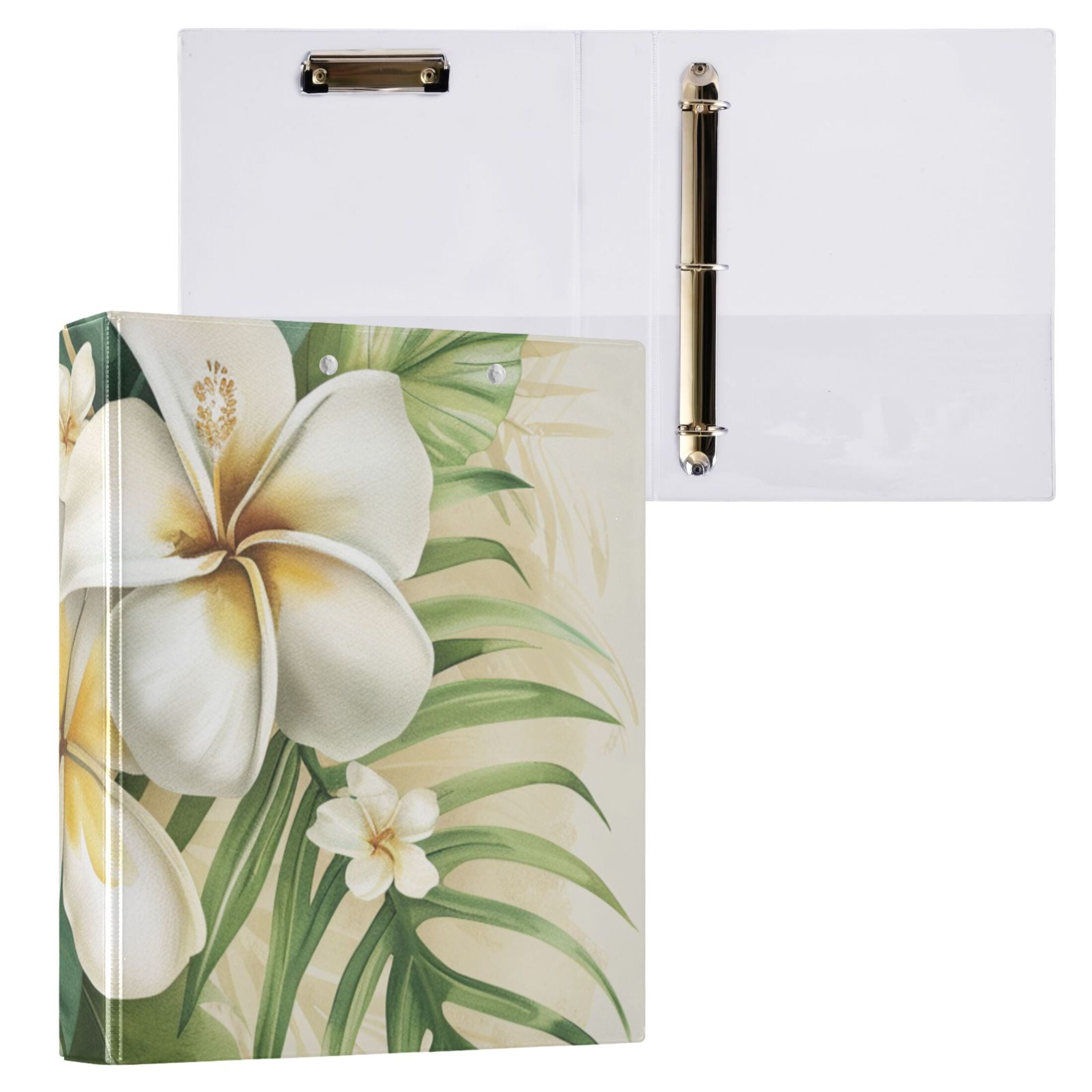 White Flower 3 Ring Binders 1.5 inch Hardcover File Folders with Interior Pockets A4 Size Organizer for School Office Hospital