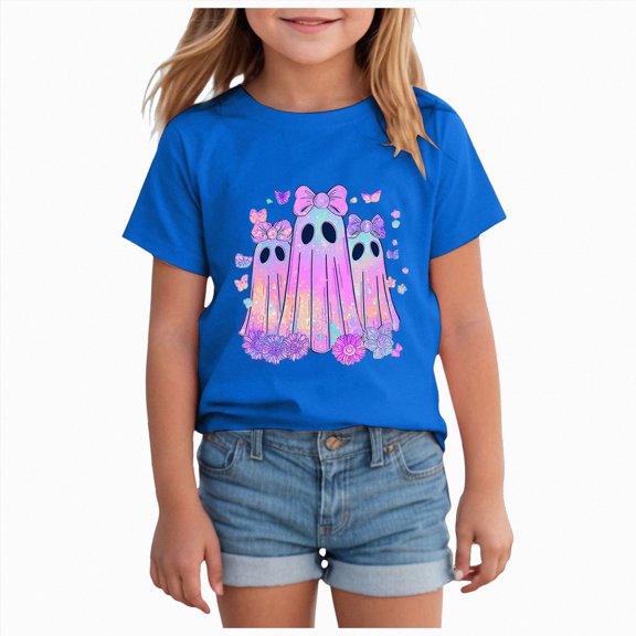Wonitaaizi Girls Kids Halloween Tshirt Tshirts Ghost Clothes Short Sleeve Tee (3-4 Years,Dark Blue)